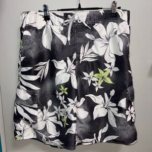 FSBN beach black white tropical floral board shorts men’s Y2K style L lining